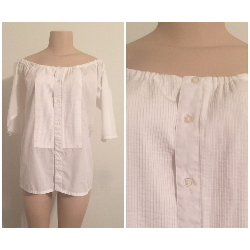 Off the shoulder tuxedo style shirt